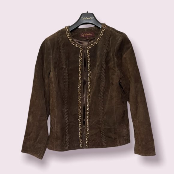 Hal Rubenstein Brown Suede Jacket w/ Chain Accent & Whipstitching - Picture 1 of 4